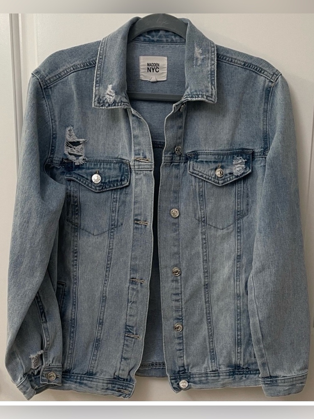 Madden NYC Distressed Boyfriend Light Blue Denim Jacket